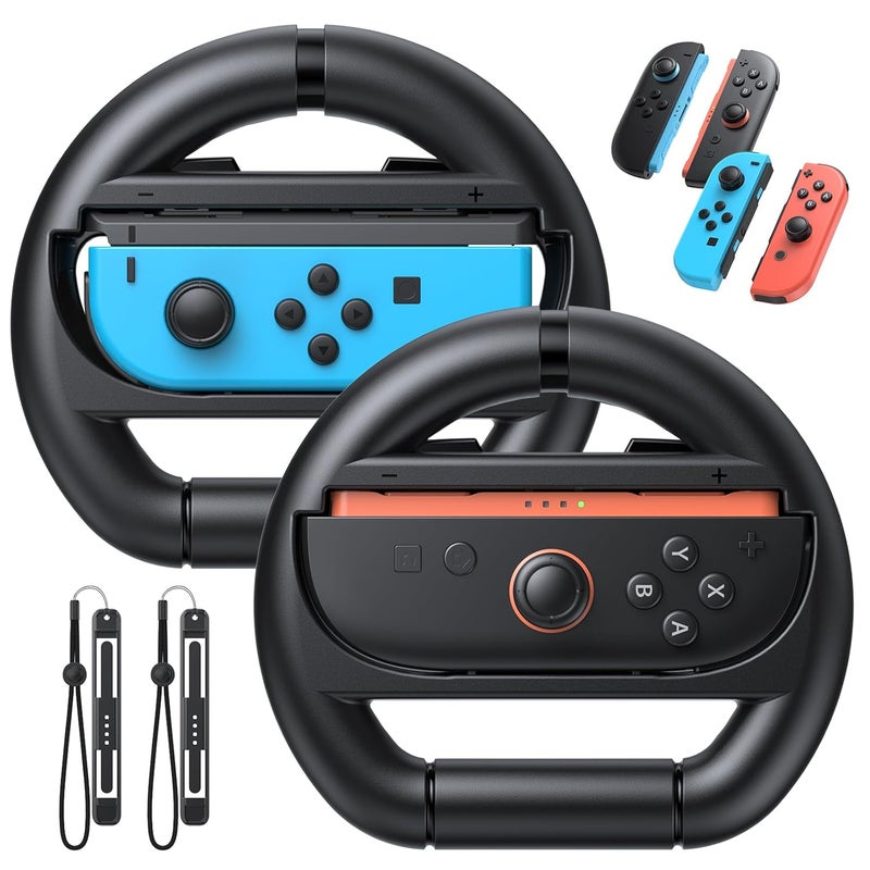 FASTSNAIL [Switch 1/2 Compatible] Steering Wheels for Nintendo Switch 2/1/OLED for Joy-Con 2, Racing Wheels for Mario Kart World/8 Deluxe Gaming, Universal Joypad Wheels 2 Pack (Black,Black) - Image 1